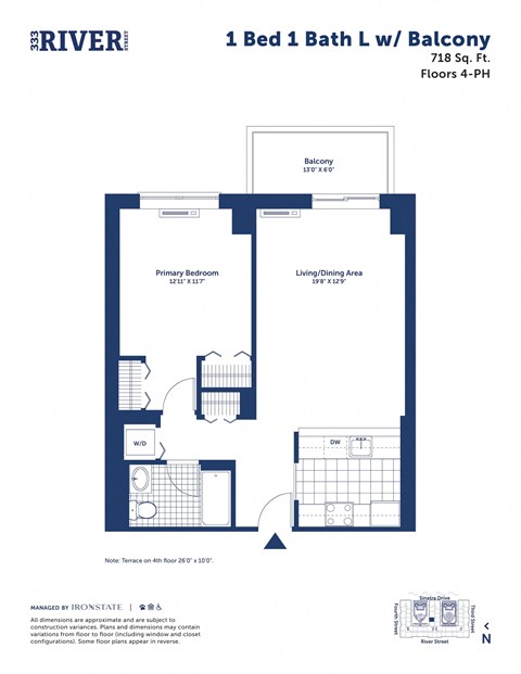 Floor plan for 1 bed, 1 bath, 718 sqft